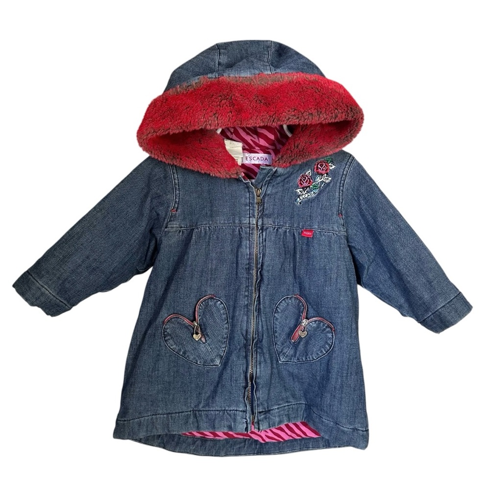 Escada Baby Girls Sz 18 Months Blue Denim Hooded Jacket Pink Hood Trim Hearts